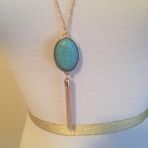 🌸Teal and gold Cabochon tassel necklace